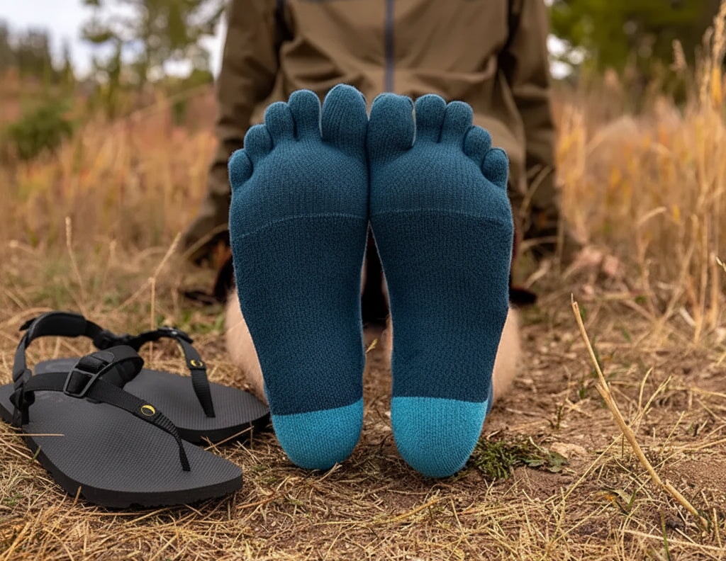 A human sits in toe socks by some LUNAs