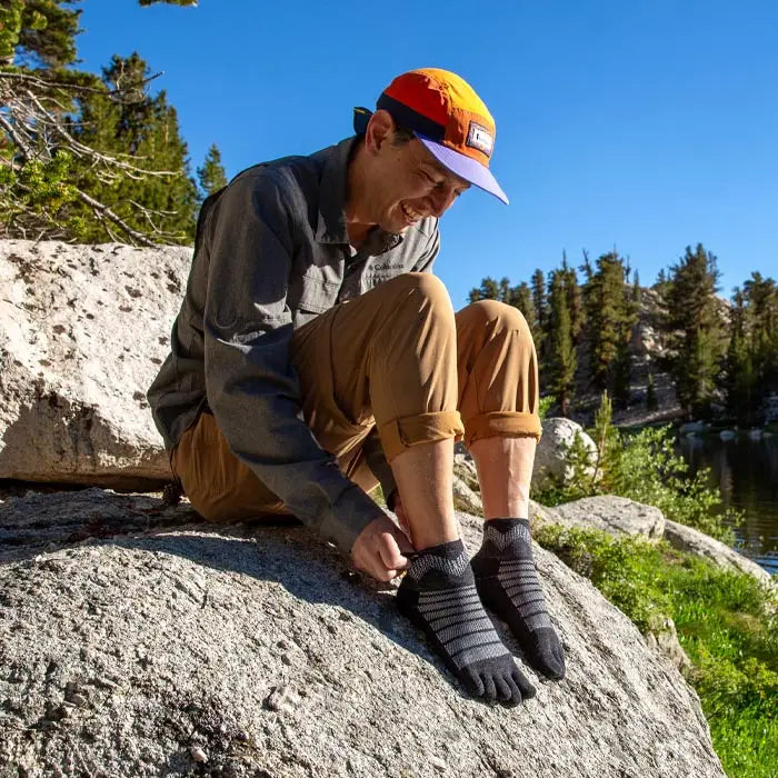 Injinji Toe Socks - Outdoor Midweight Wool - Slate - putting on, trailside