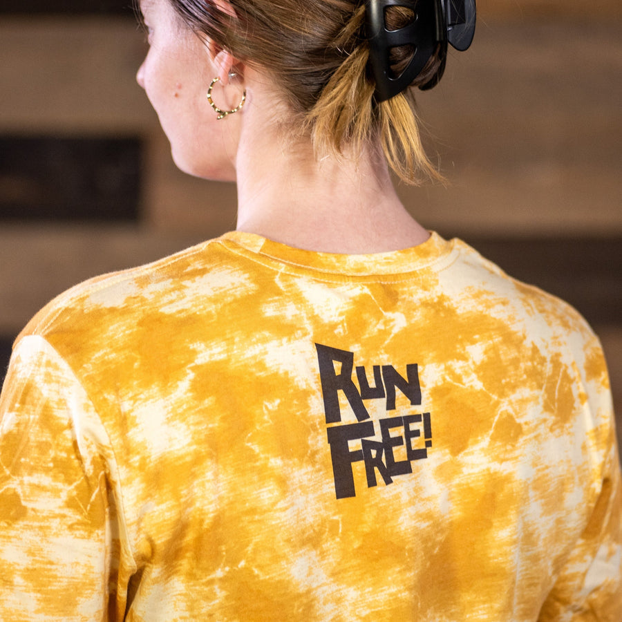 "RUN FREE" LUNA SPLASH TIE-DYE TEE T-SHIRT - back print detail, worn