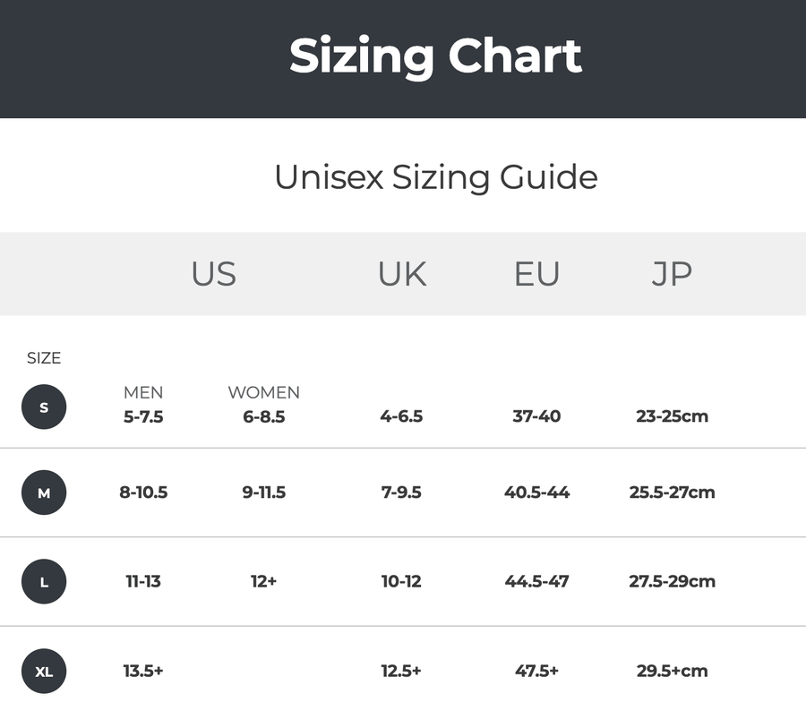 Injinji Toe Socks - Liner Crew - sizing chart