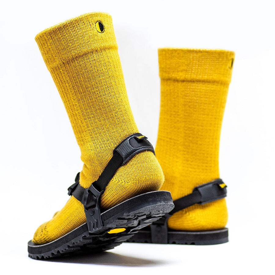 Fluffy YUBI Tabi Socks - LUNA Gold - worn with LUNA sandals