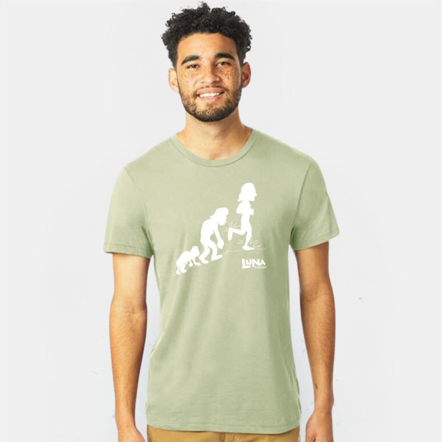 EVOLUTION MAN "RUN LIKE A HUMAN" ORGANIC COTTON SHIRT - worn, front