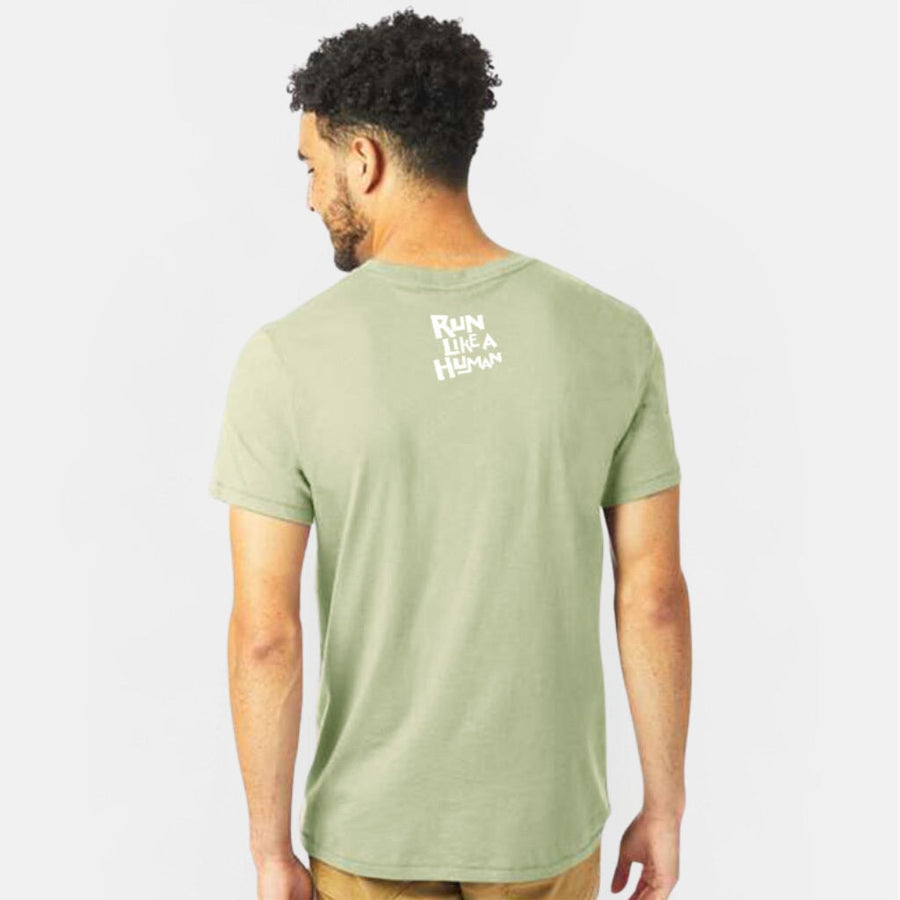EVOLUTION MAN "RUN LIKE A HUMAN" ORGANIC COTTON SHIRT - back print, worn