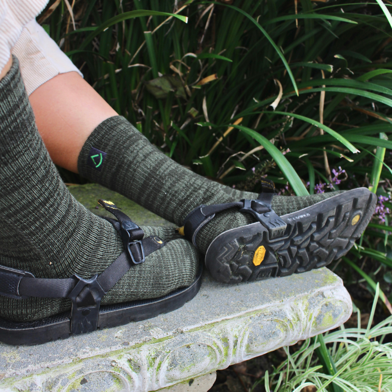 Fluffy YUBI Tabi Socks - Green - worn with LUNA sandals outdoors