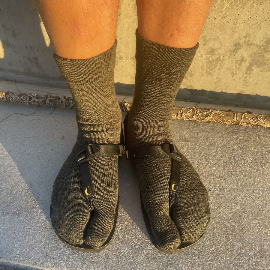 Fluffy YUBI Tabi Socks - worn outdoors with LUNA footwear