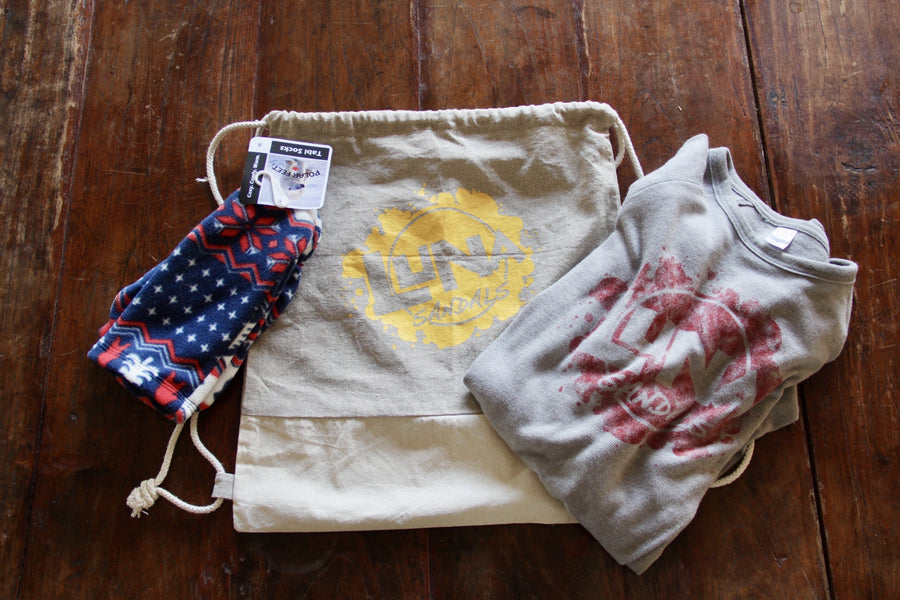 LUNA "Splash" Recycled Cotton Drawstring Backpack - with tee and socks, flat
