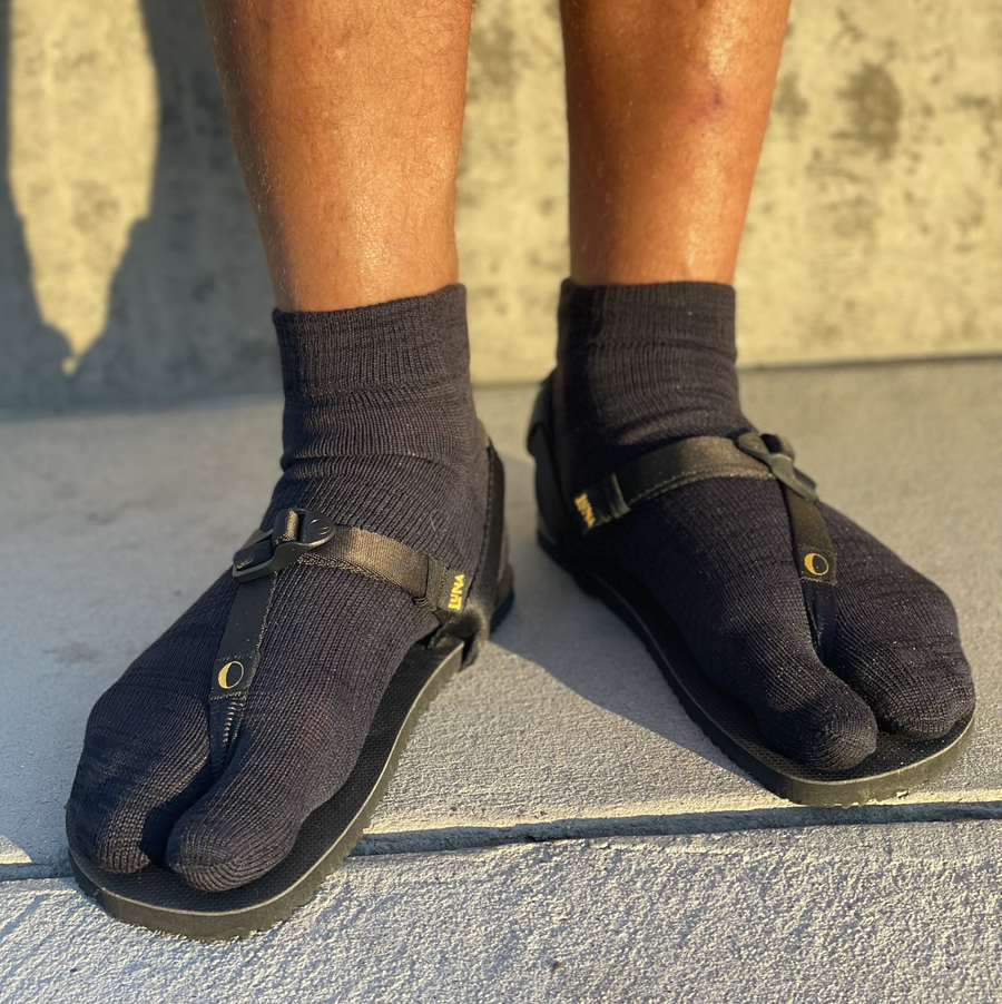 LUNA YUBI Tabi Socks - Merino Wool & Cordura - Ankle Length - worn with sandals