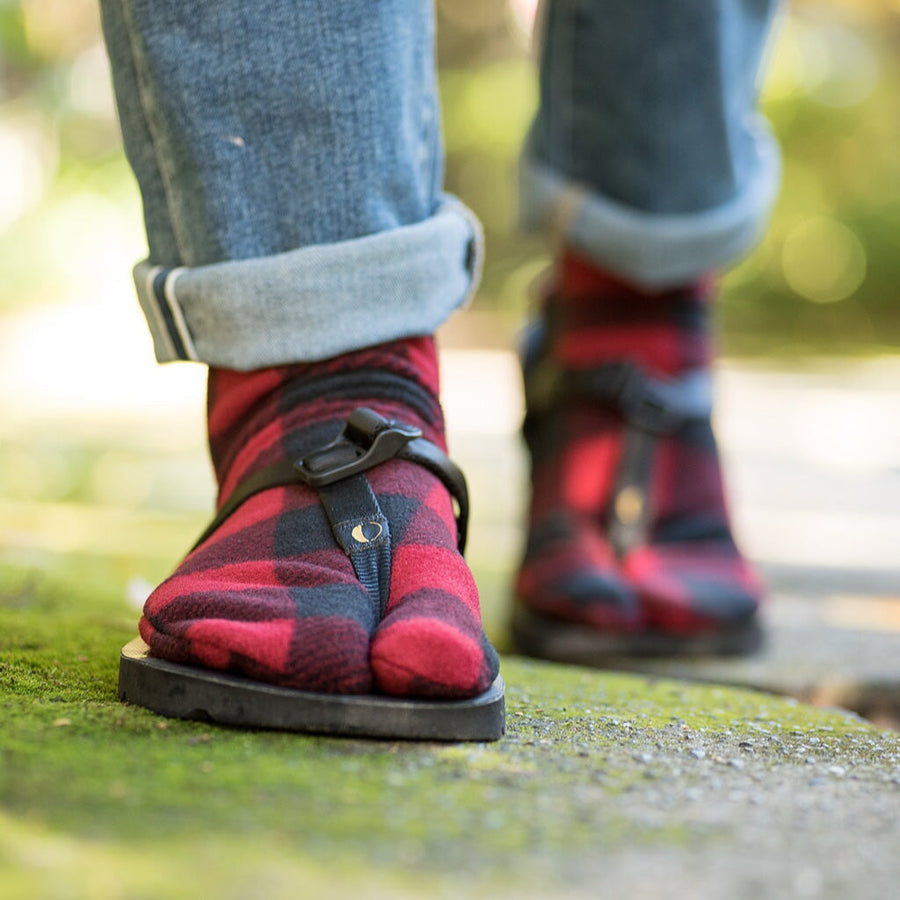 LUNA Polar Feet® Tabi Socks - worn in sandals, plaid