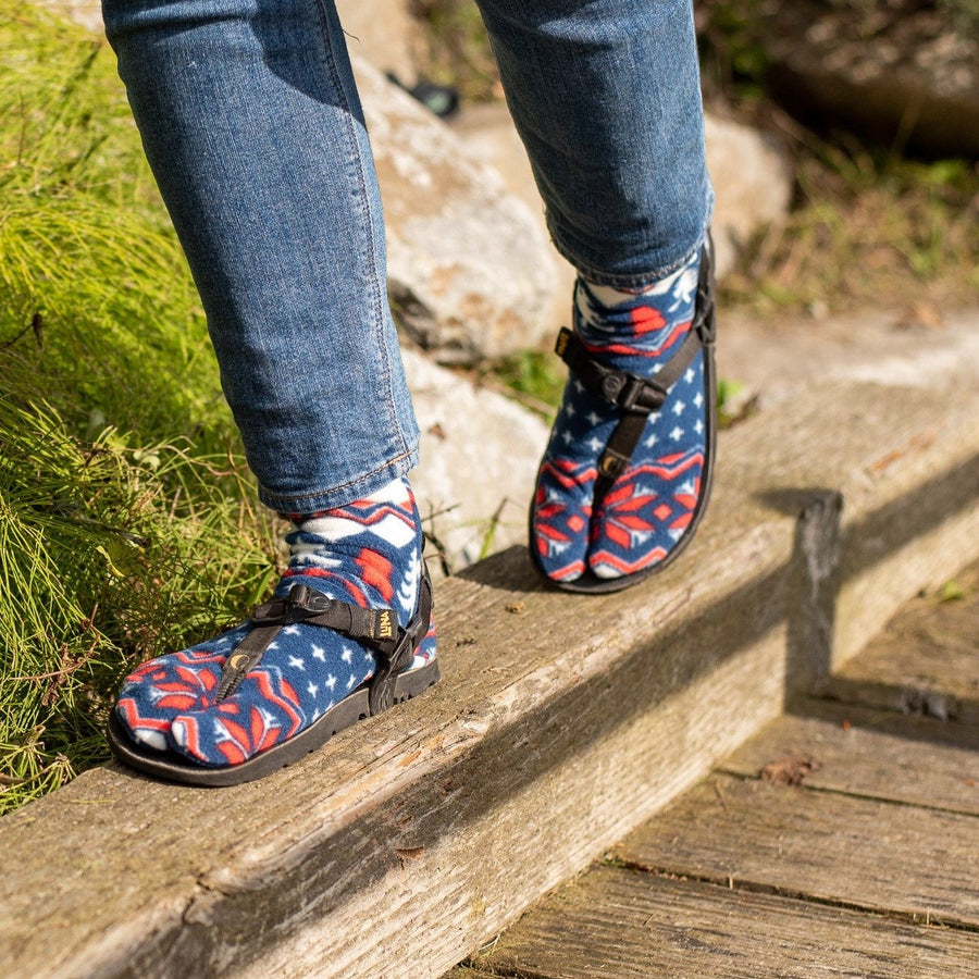 LUNA Polar Feet® Tabi Socks - worn outdoors, holiday print