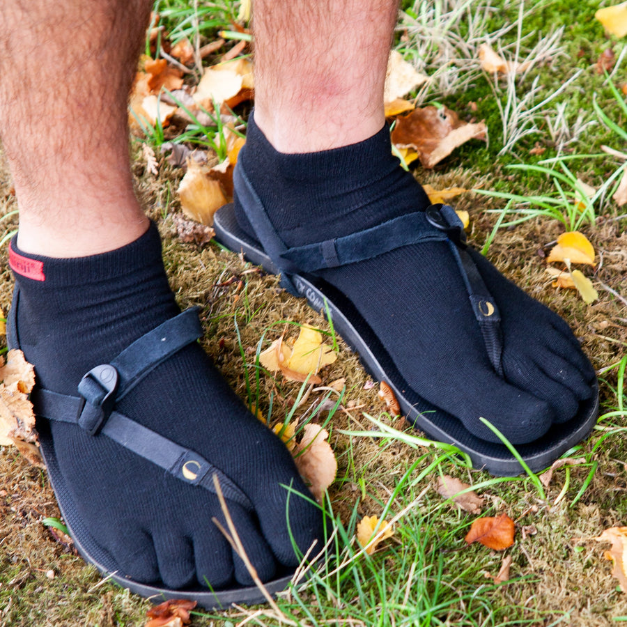 Injinji Toe Socks - Sport Original - worn with LUNA sandals on grass